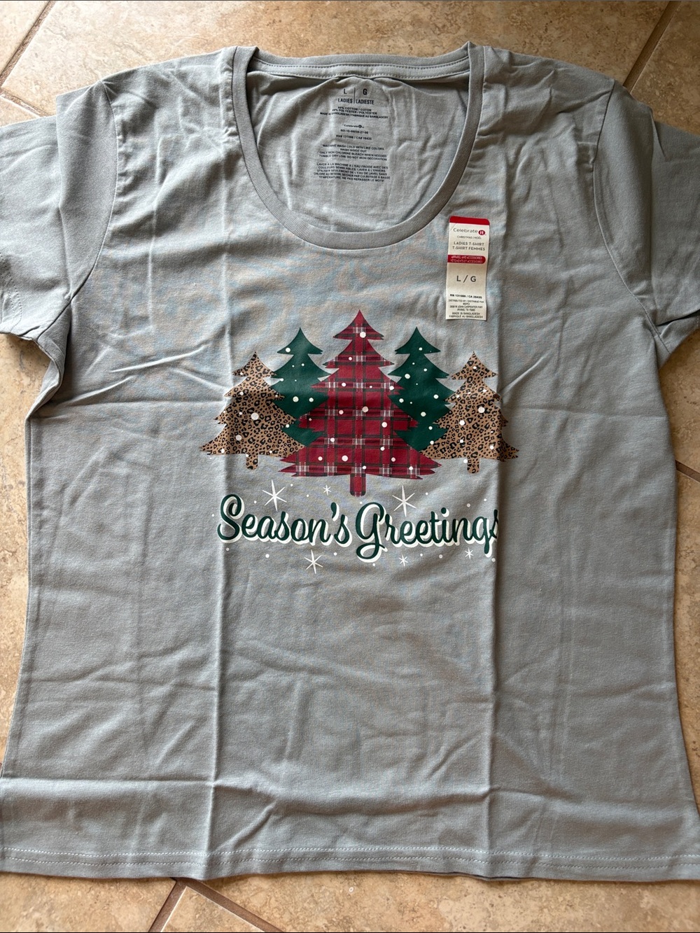 Target Women's 'Season's Greetings' Graphic Tee - Gray with Red & Green Trees